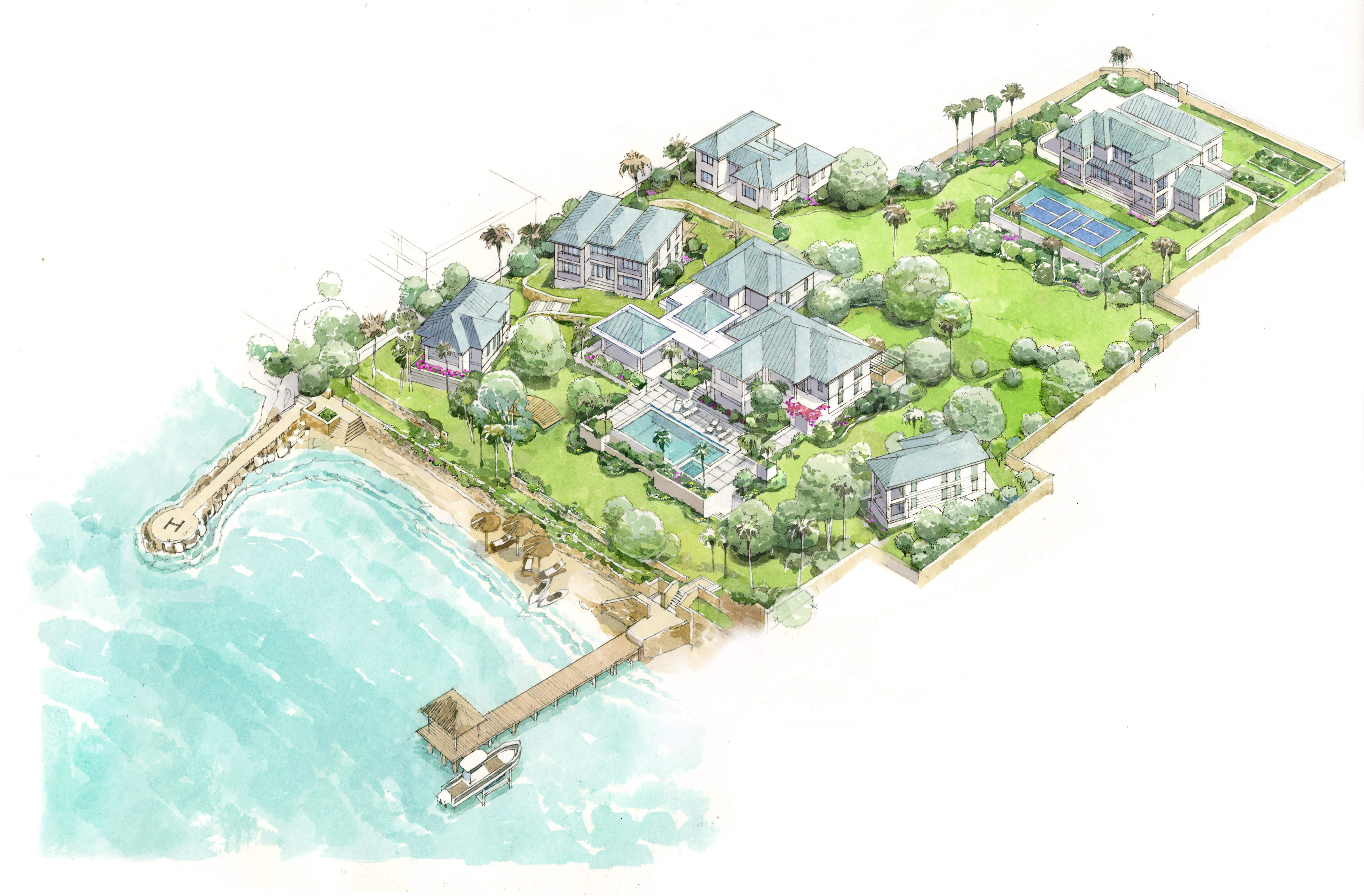 Illustrated Lime Acre estate plan showing the main house, guest cottages, pool terrace, wellness wing, beach and jetty